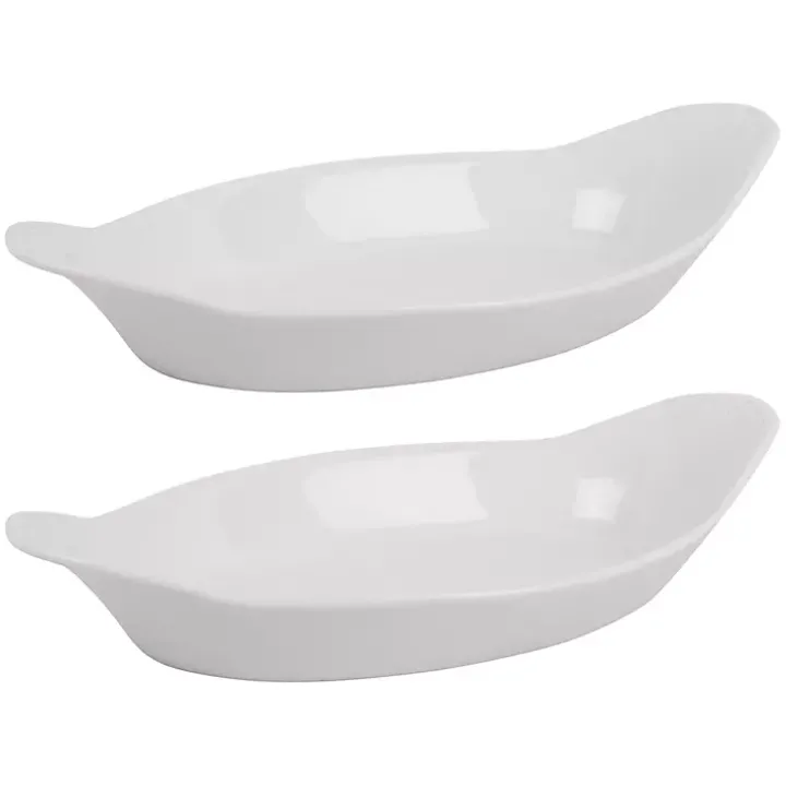White Porcelain Oval Bakers with Handles, Set of 2