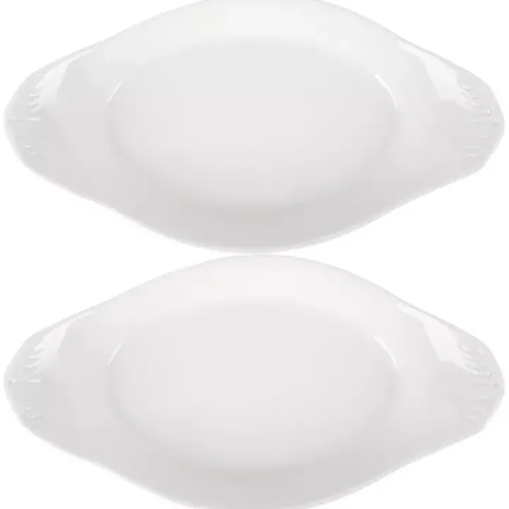 White Porcelain Oval Bakers with Handles, Set of 2