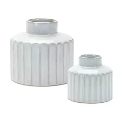 White Porcelain Ribbed Vases, Set of 2