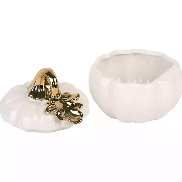 White Pumpkin Bowl with Gold Leaf Lid, 8 in.