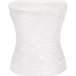 White Ribbed Rattan Round Accent Table