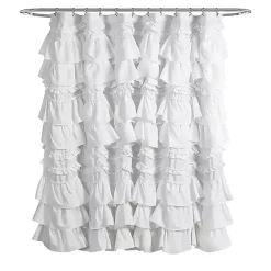 White Ruffle and Pom Pom Trim Shower Curtain