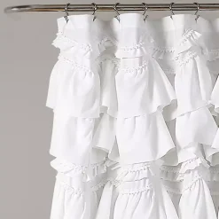White Ruffle and Pom Pom Trim Shower Curtain