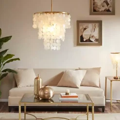 White Shell and Gold Metal Layered Chandelier