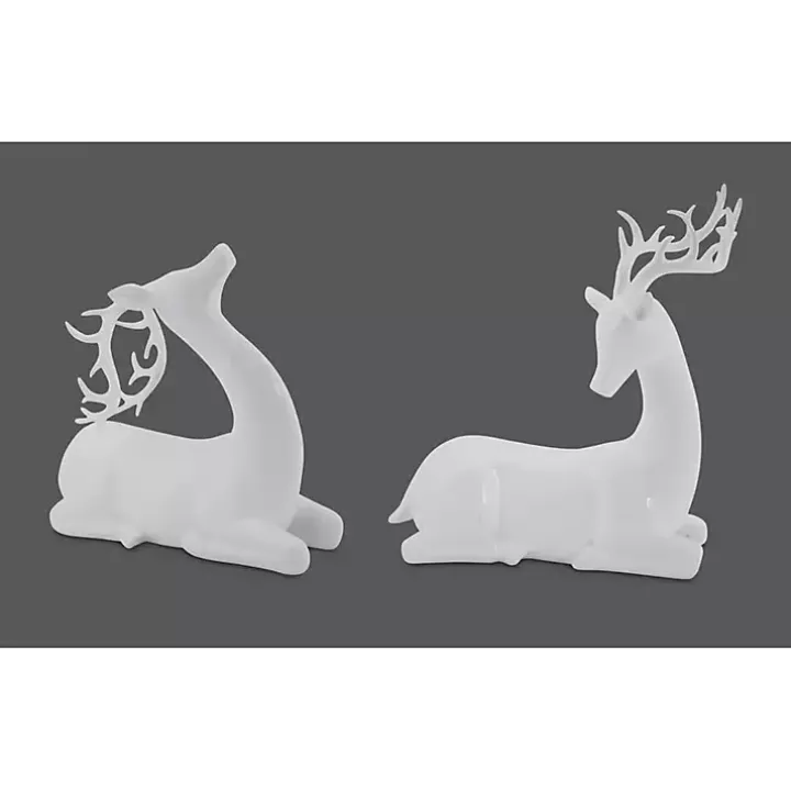 White Sitting Reindeer Figurines, Set of 2