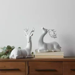 White Sitting Reindeer Figurines, Set of 2
