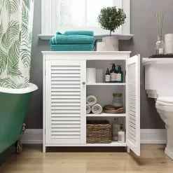 White Slatted 2-Door Bathroom Storage Cabinet