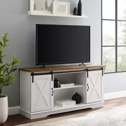 White Sliding Door Rustic Oak Top TV Stand
