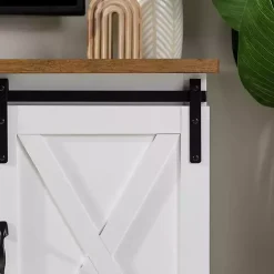 White Sliding Door Rustic Oak Top TV Stand