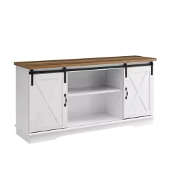 White Sliding Door Rustic Oak Top TV Stand