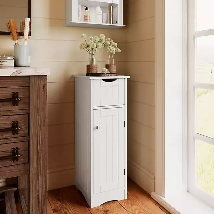 White Slim Single Door Cabinet with Drawer