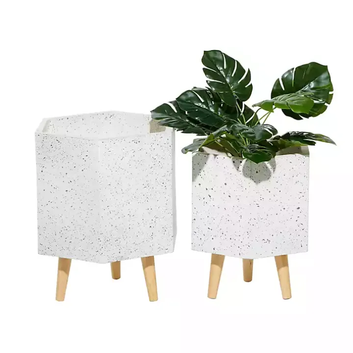 White Speckled Planters with Wooden Legs, Set of 2
