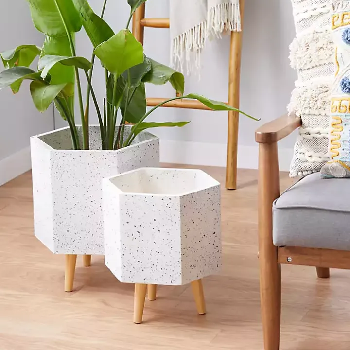 White Speckled Planters with Wooden Legs, Set of 2