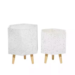 White Speckled Planters with Wooden Legs, Set of 2