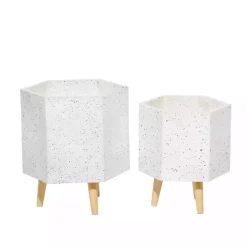 White Speckled Planters with Wooden Legs, Set of 2