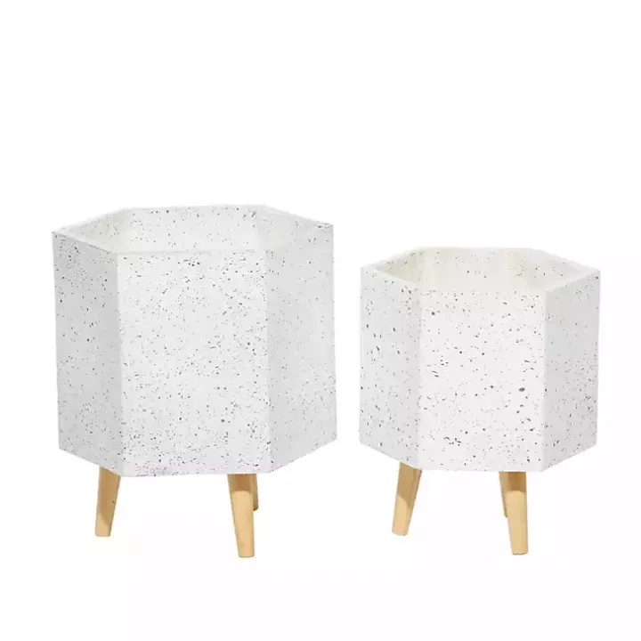White Speckled Planters with Wooden Legs, Set of 2