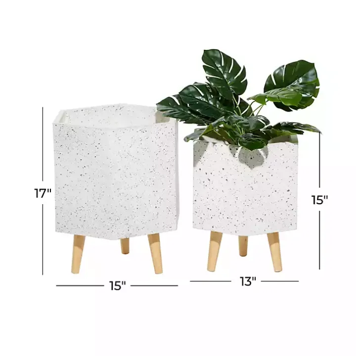 White Speckled Planters with Wooden Legs, Set of 2