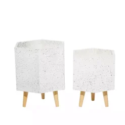 White Speckled Planters with Wooden Legs, Set of 2