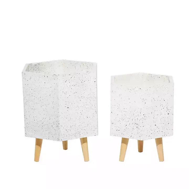 White Speckled Planters with Wooden Legs, Set of 2