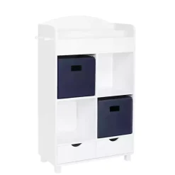 White Storage Cabinet Bookshelf with 2 Navy Bins