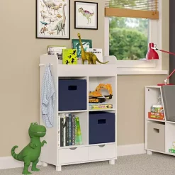 White Storage Cabinet Bookshelf with 2 Navy Bins