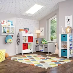 White Storage Cabinet Bookshelf with 2 Navy Bins