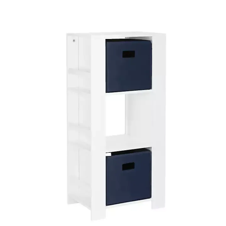 White Storage Tower Bookshelf with 2 Navy Bins