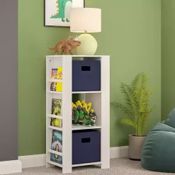 White Storage Tower Bookshelf with 2 Navy Bins