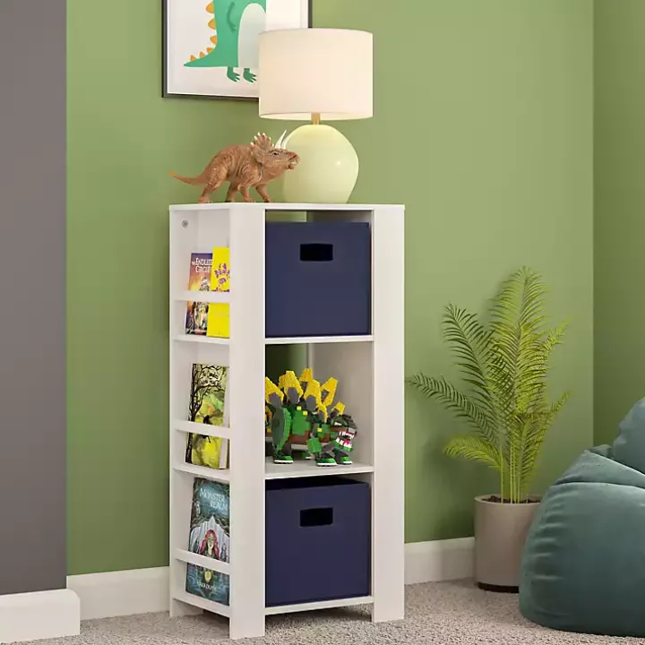 White Storage Tower Bookshelf with 2 Navy Bins