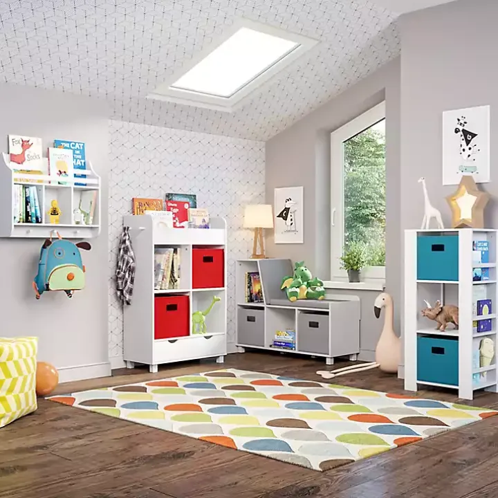 White Storage Tower Bookshelf with 2 Navy Bins