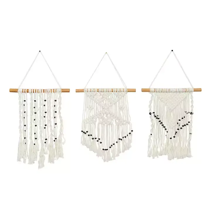 White Tasseled Macrame Wall Hangings, Set of 3