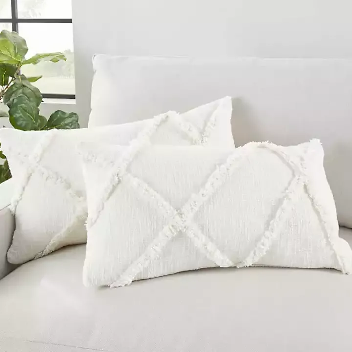 White Tufted Diamond Lumbar Pillows, Set of 2