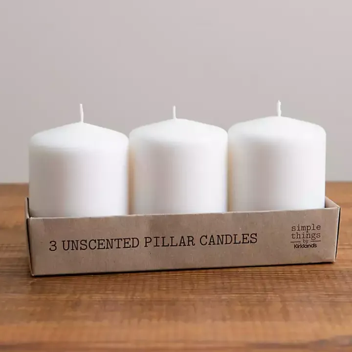 White Unscented Pillar Candles, Set of 3