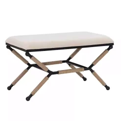 White Upholstered and Wrapped Rope Metal Bench