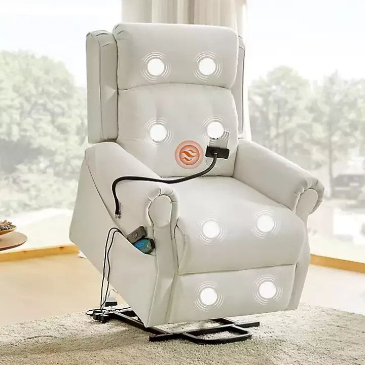 White Upholstered Lift Assist Massaging Recliner