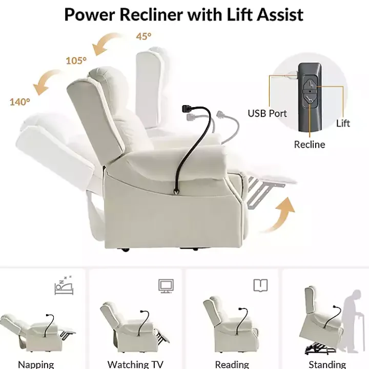 White Upholstered Lift Assist Massaging Recliner