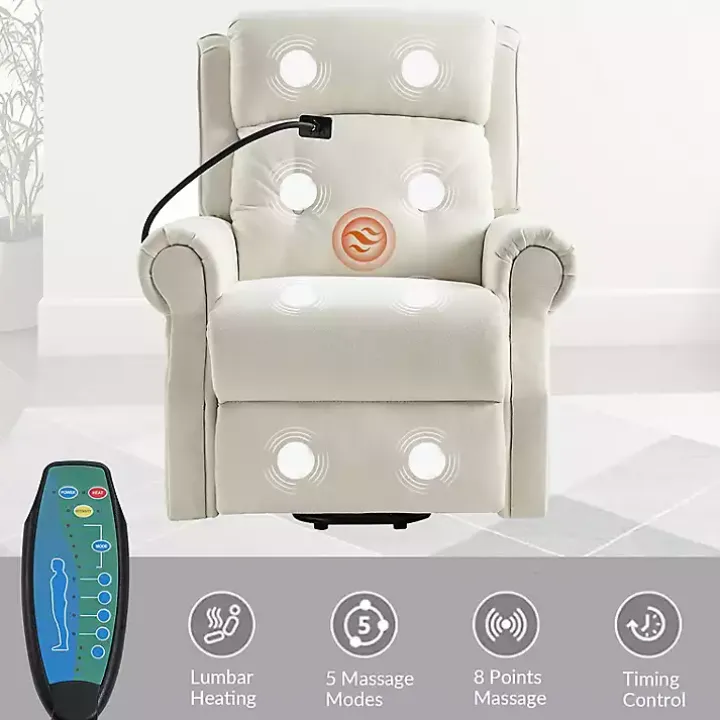 White Upholstered Lift Assist Massaging Recliner