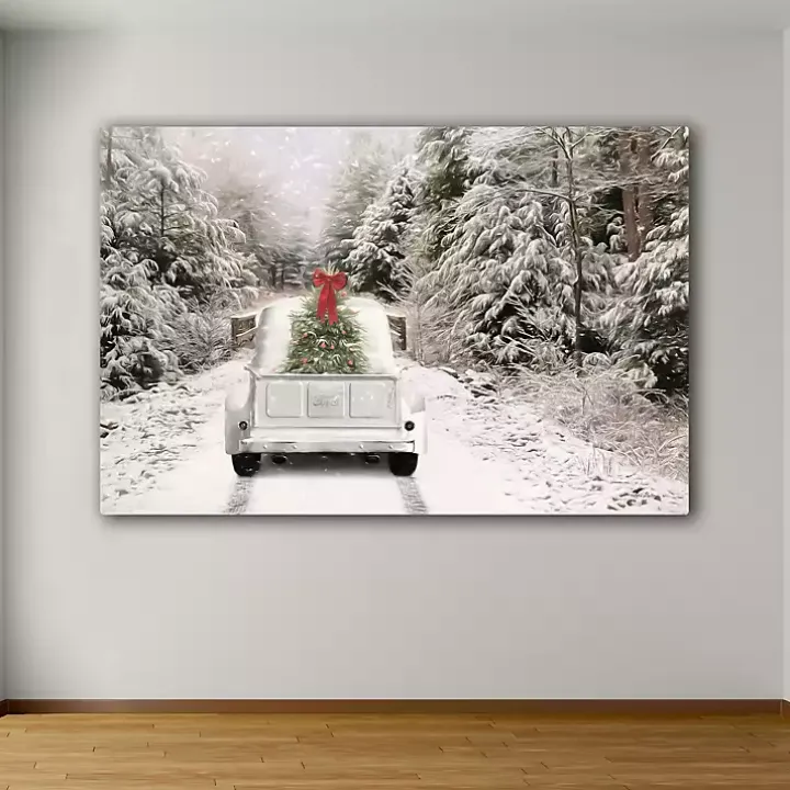 White Vintage Truck and Trees Canvas Art Print