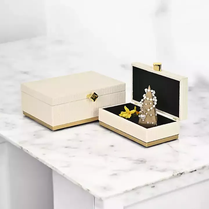 White Vinyl Rattan Rectangular Boxes, Set of 2