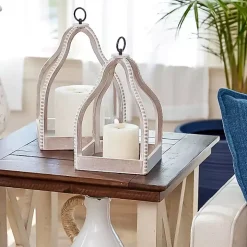 White Washed Beaded Open Lantern, 16 in.