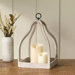 White Washed Beaded Open Lantern, 16 in.