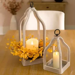 White Washed Beaded Open Lantern, 18 in.