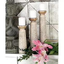 White Washed Floral Wood Candle Holders, Set of 3