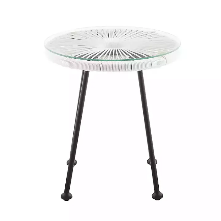 White Wicker and Glass Top Outdoor Side Table