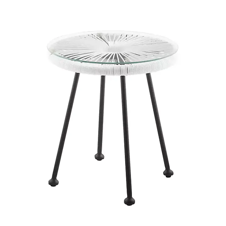 White Wicker and Glass Top Outdoor Side Table