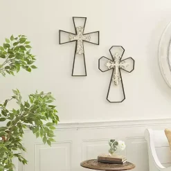 White Wood and Metal Cross Wall Plaques, Set of 2