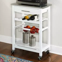White Wood and Stainless Steel Kitchen Cart