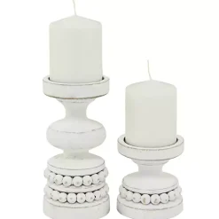 White Wood Beaded Pillar Candle Holders, Set of 2