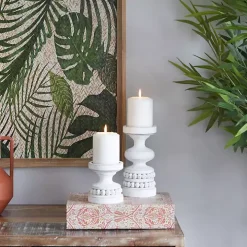 White Wood Beaded Pillar Candle Holders, Set of 2