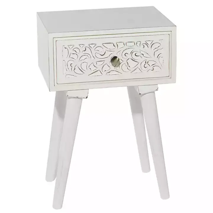 White Wood Carved Drawer Accent Table